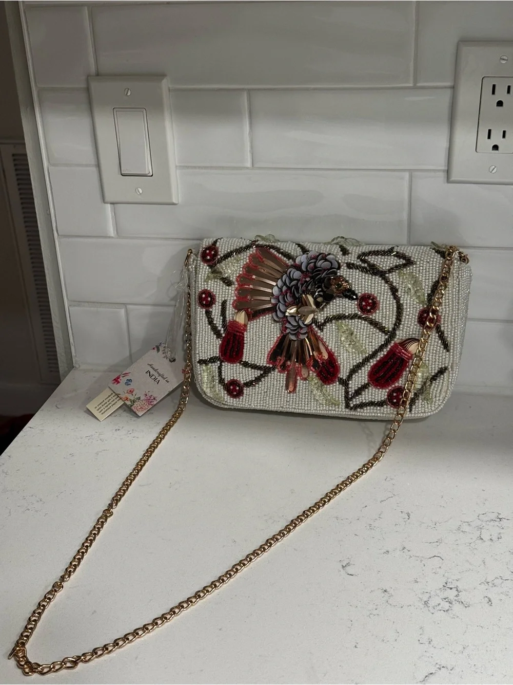 Beaded Floral & Bird Embellished Crossbody with Gold Chain Hummingbird and Seed